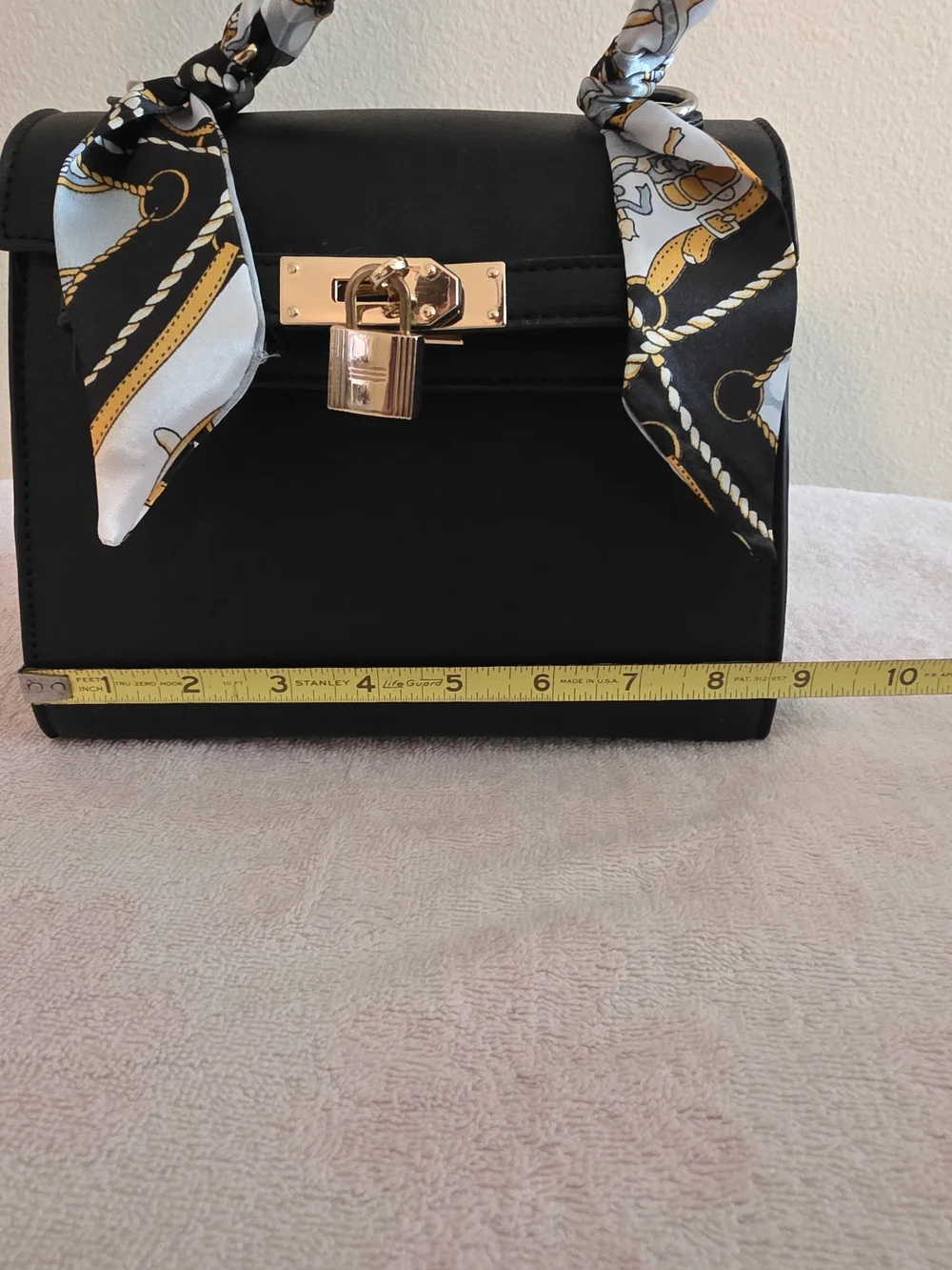 Classic Black Top-Handle Satchel with Scarf Accent